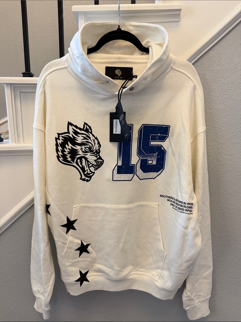 Men's Cream Graphic Hoodie with Blue '15' and Wolf Motif